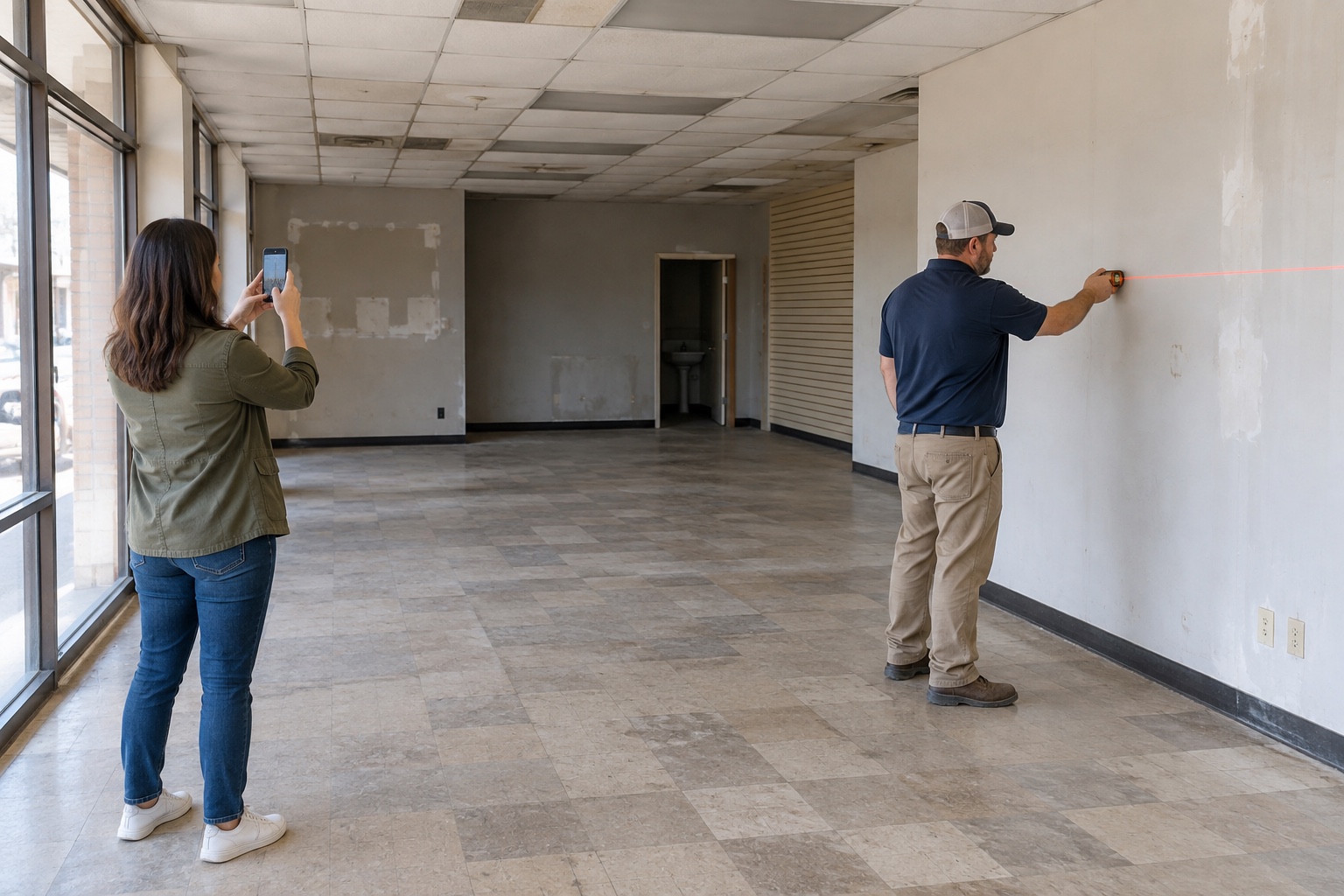 An owner and estimator documenting existing conditions in an empty commercial interior before renovation.