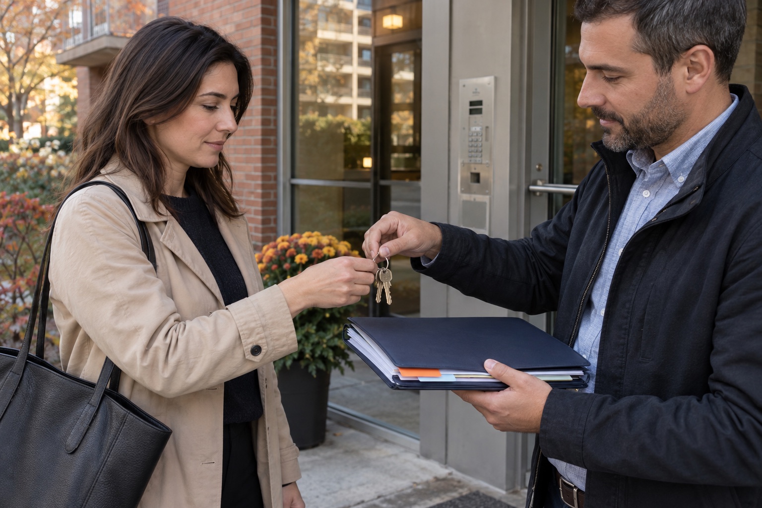 Two property professionals transferring keys and an organised handover folder at an apartment entrance.