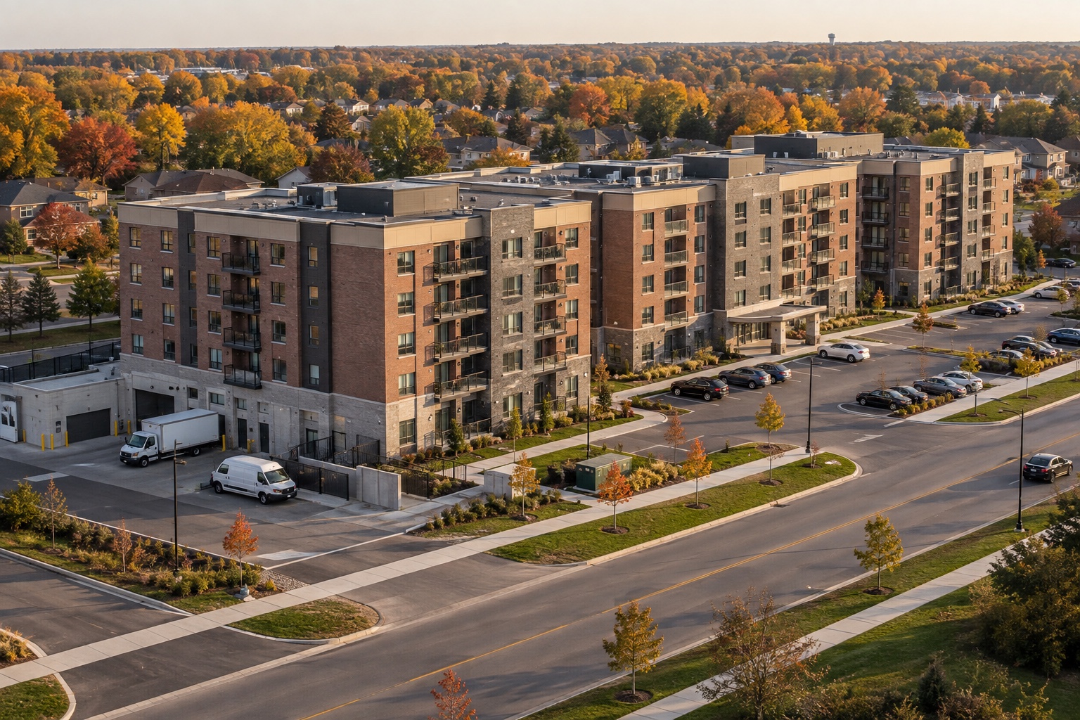 A substantial apartment complex in a smaller Ontario community, with clear service access and staged delivery space.