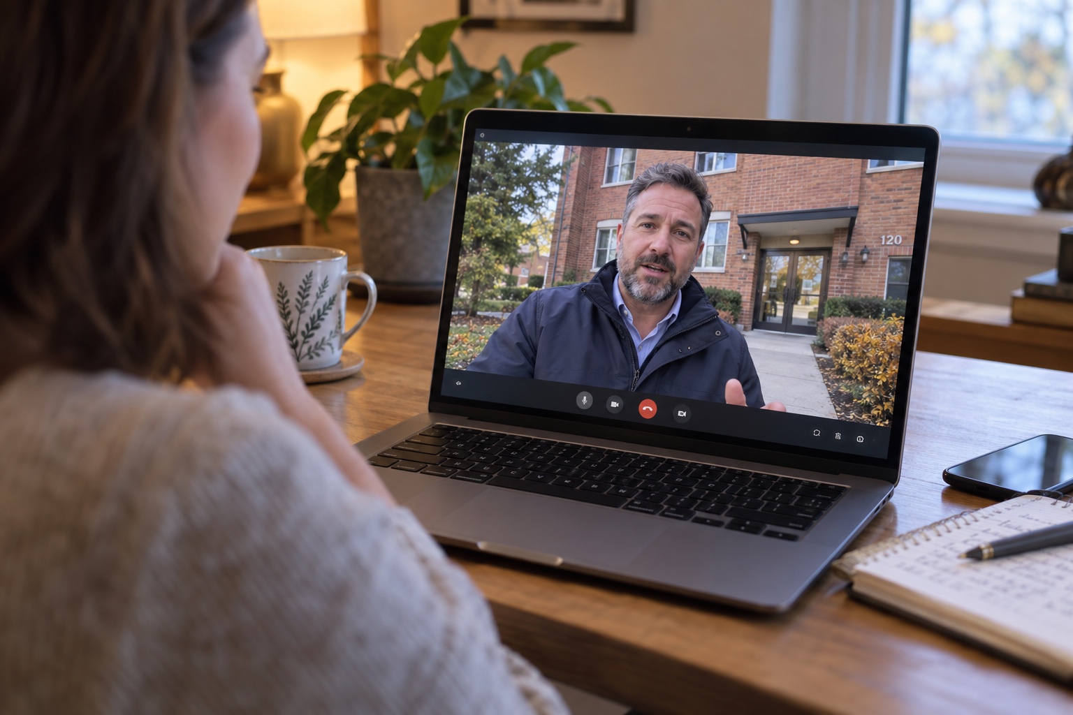 A remote owner on a video call with a property manager standing at an apartment building.