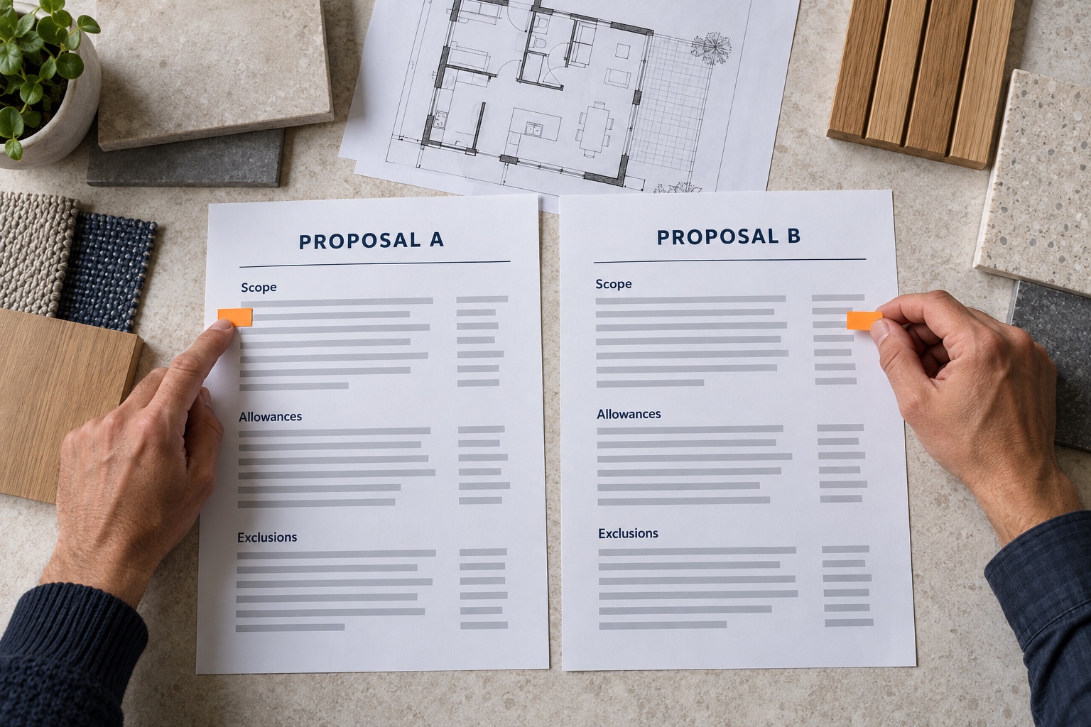 Two renovation proposals compared against the same floor plan and finish samples.