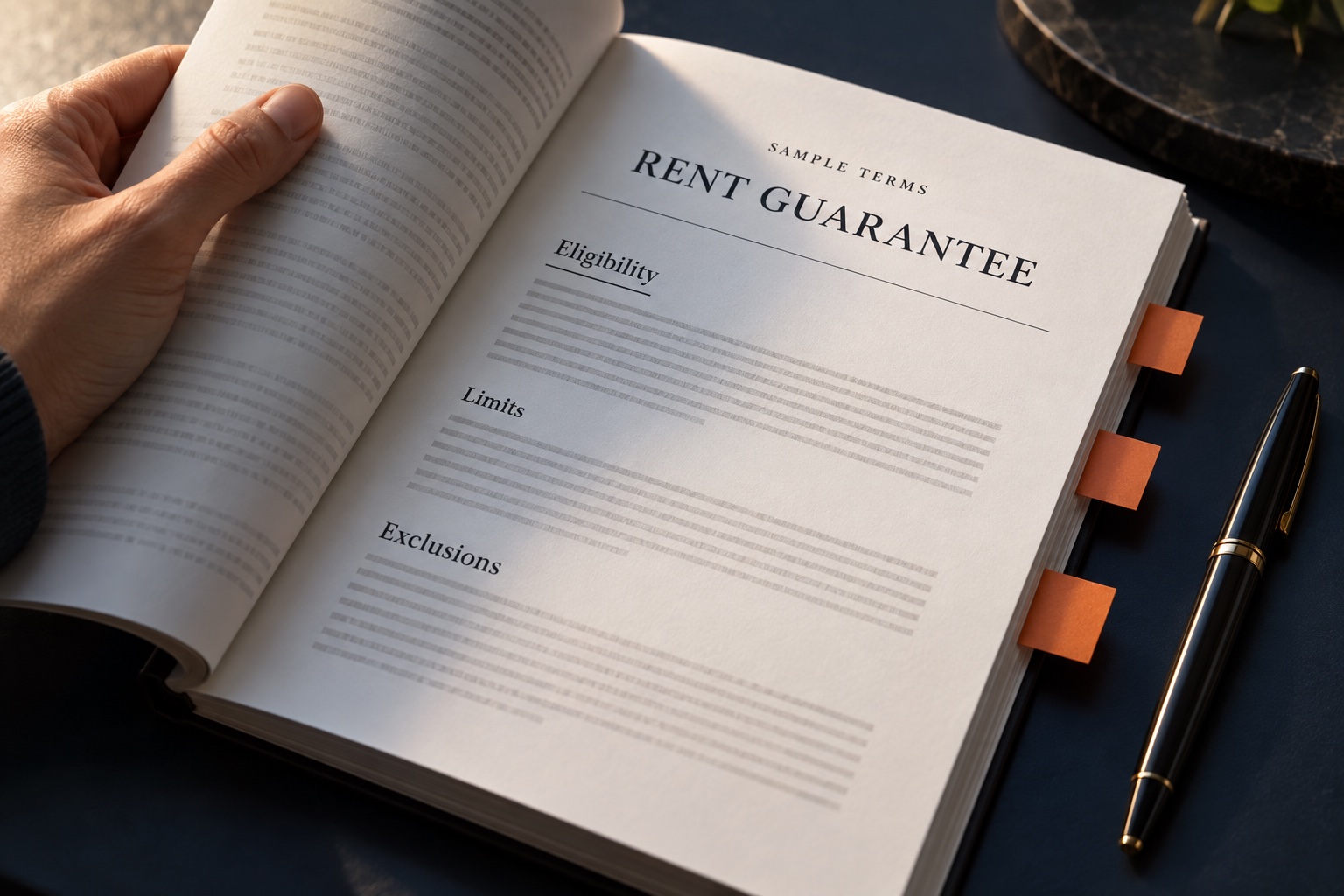 Close-up of a sample rent-guarantee agreement marked for review of eligibility, limits and exclusions.