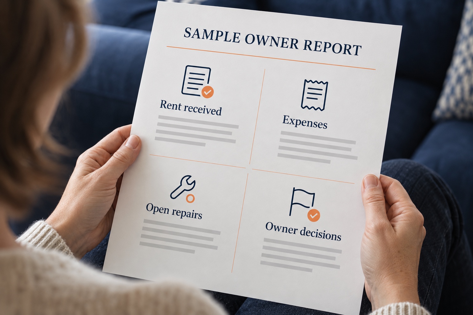 Close view of an illustrative owner report organised into rent, expenses, repairs and decisions.