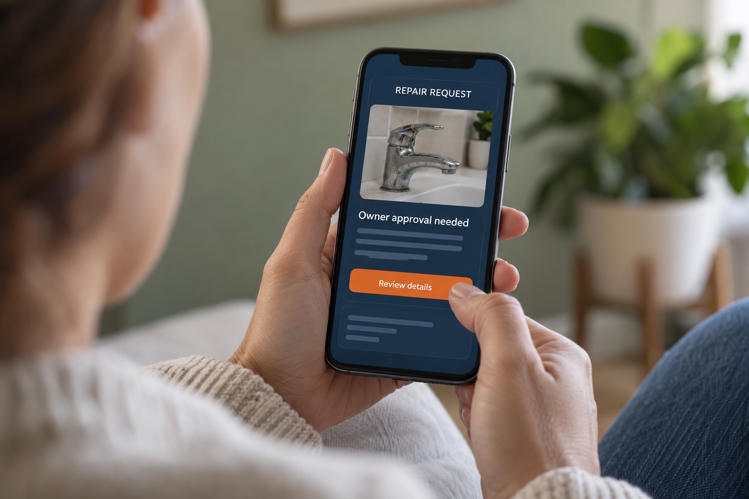 An owner reviewing a repair-approval request with a condition photograph on a phone.