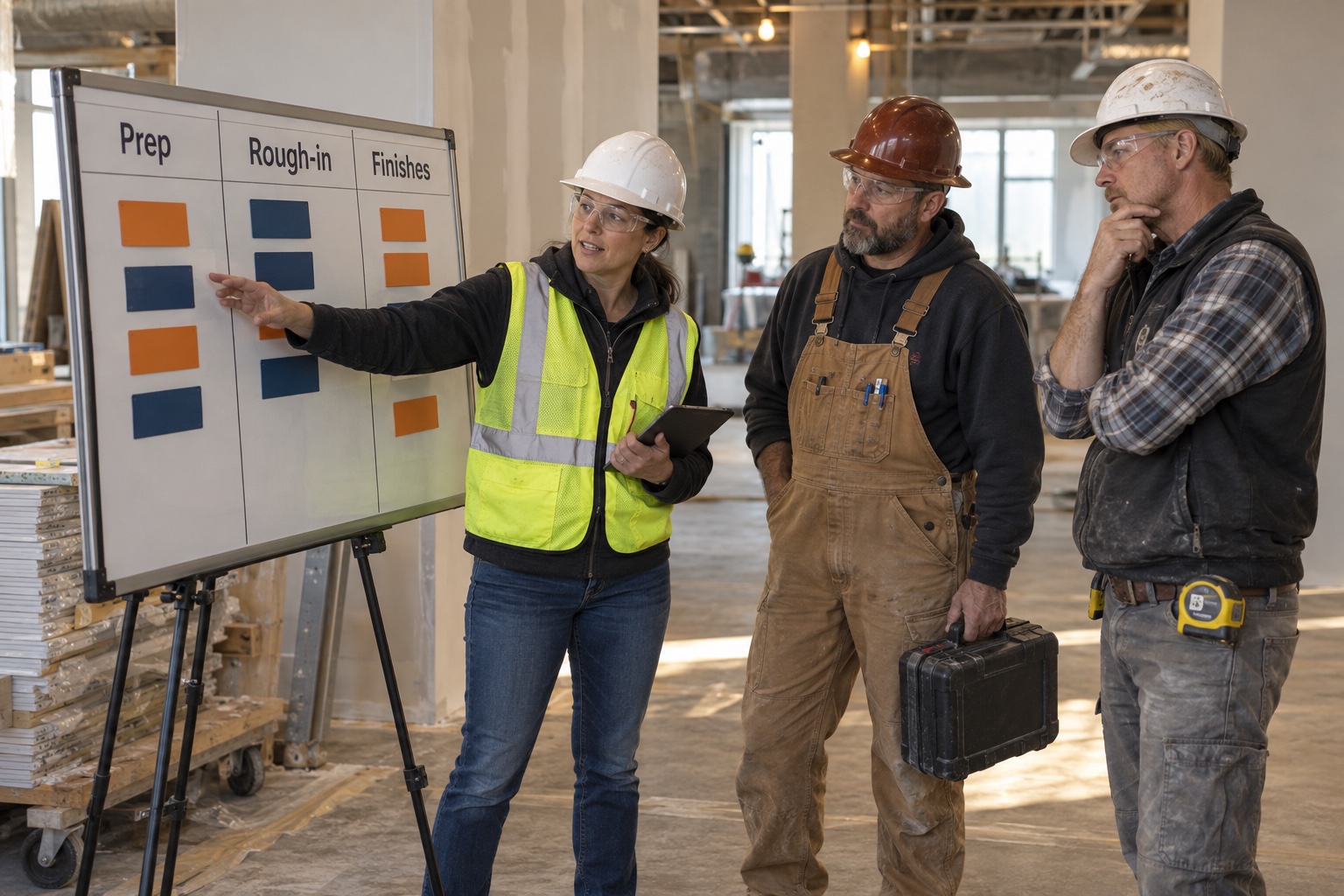 Specialist trades and a coordinator reviewing the sequence of work in an orderly renovation site.