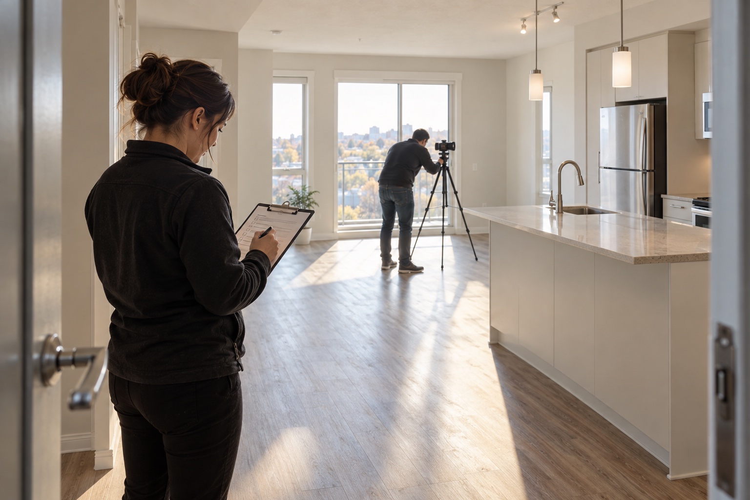 A manager checking a clean vacant apartment while a photographer prepares its listing photographs.