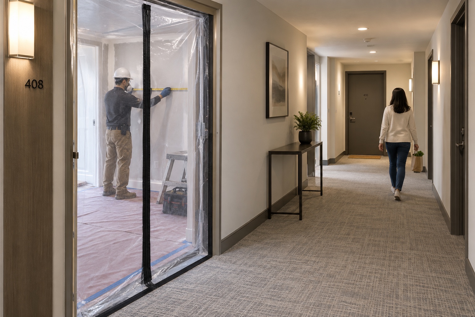 A clear apartment corridor beside a neatly sealed renovation area, showing separation of resident access and construction.