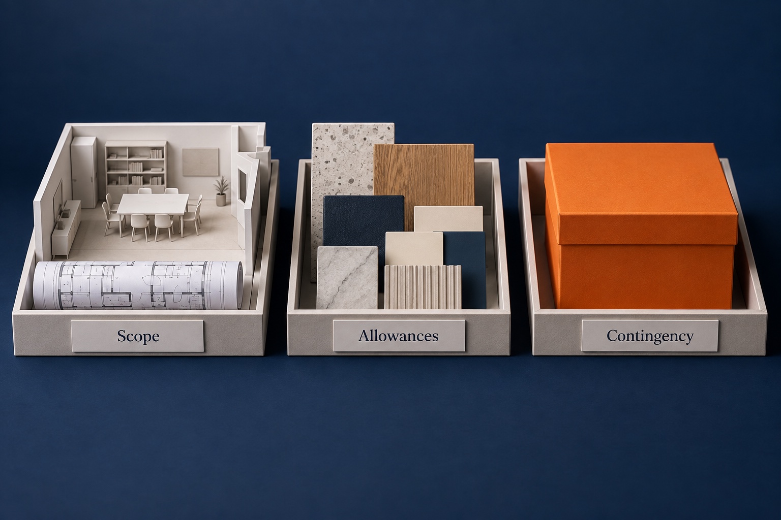 A conceptual renovation budget divided into scope, material allowances and contingency.