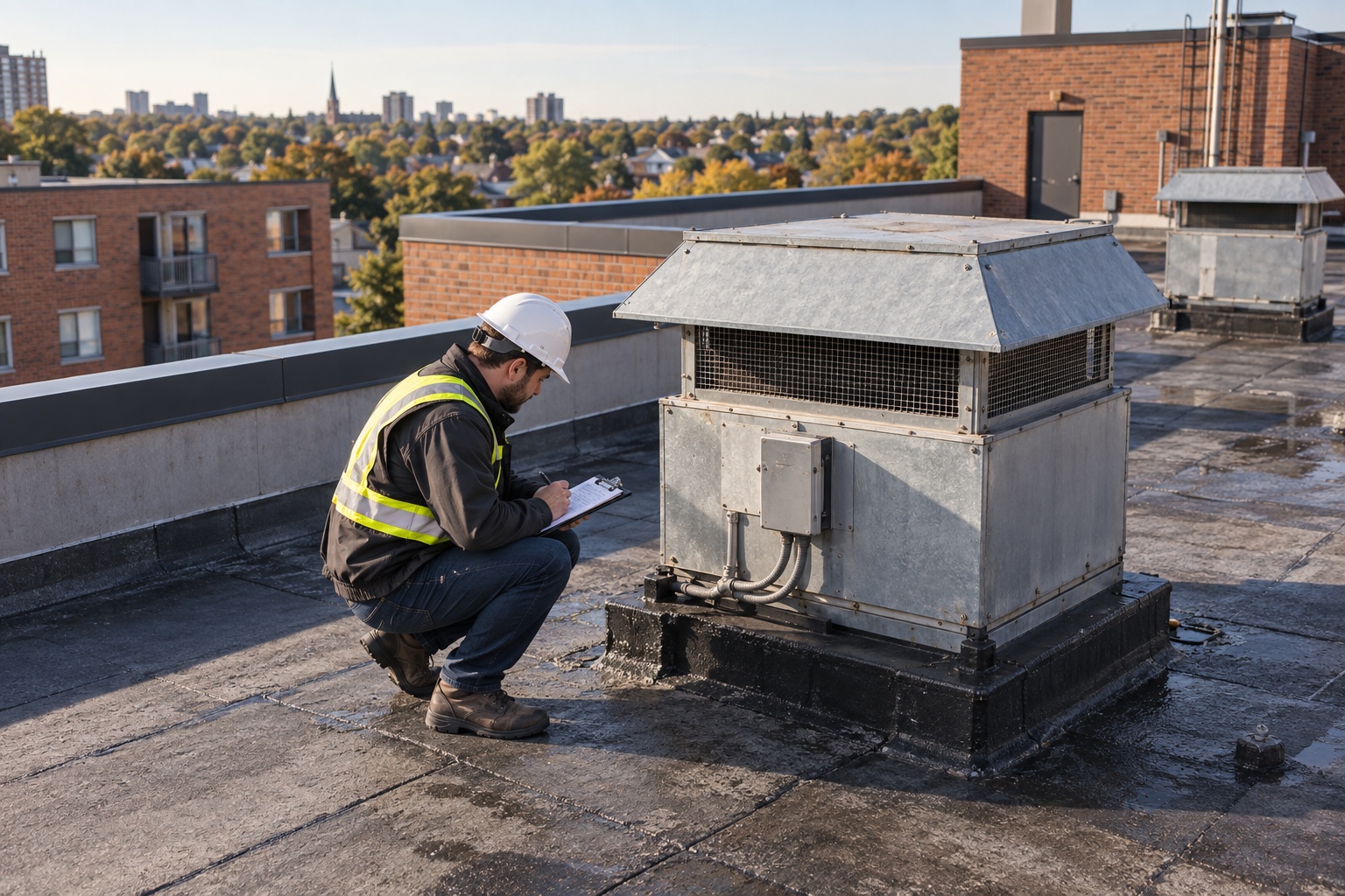 A building professional inspecting roof and mechanical equipment on a mid-rise apartment building.