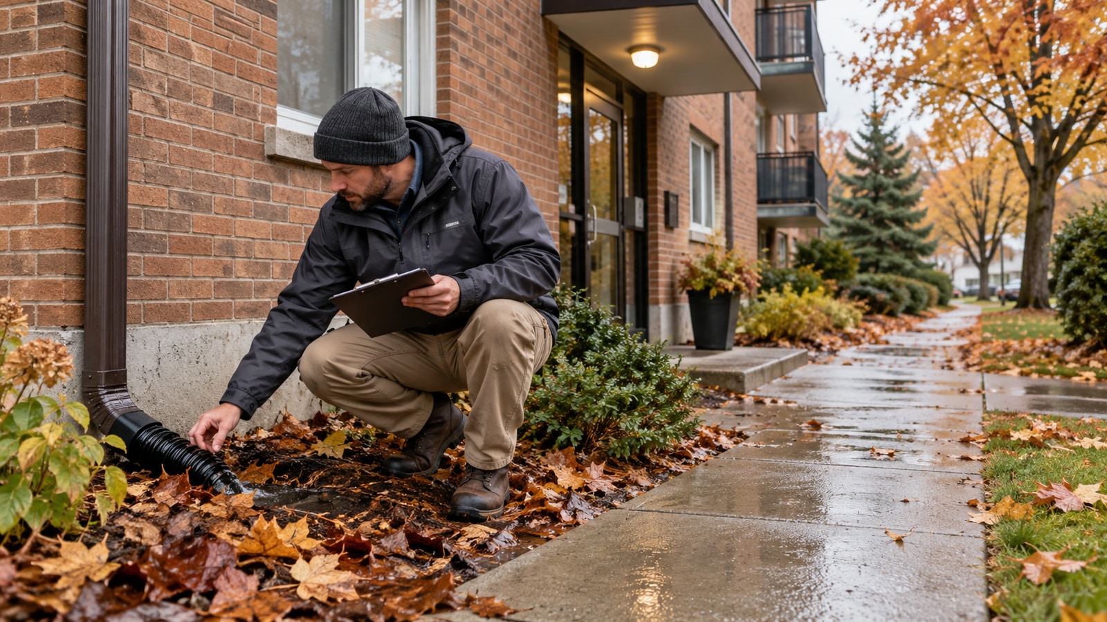 A professional checks a ground-level downspout beside a brick apartment building in autumn.
