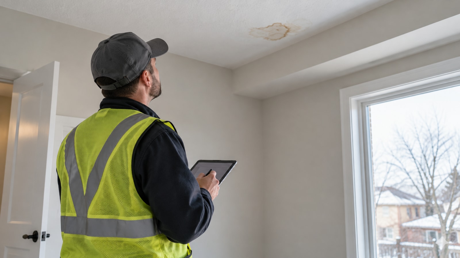 A professional records a ceiling stain on a tablet during an interior property inspection.