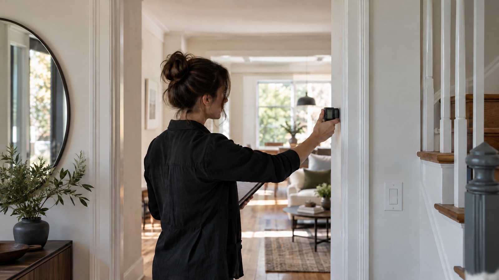 A designer measures an interior doorway while assessing an existing room.
