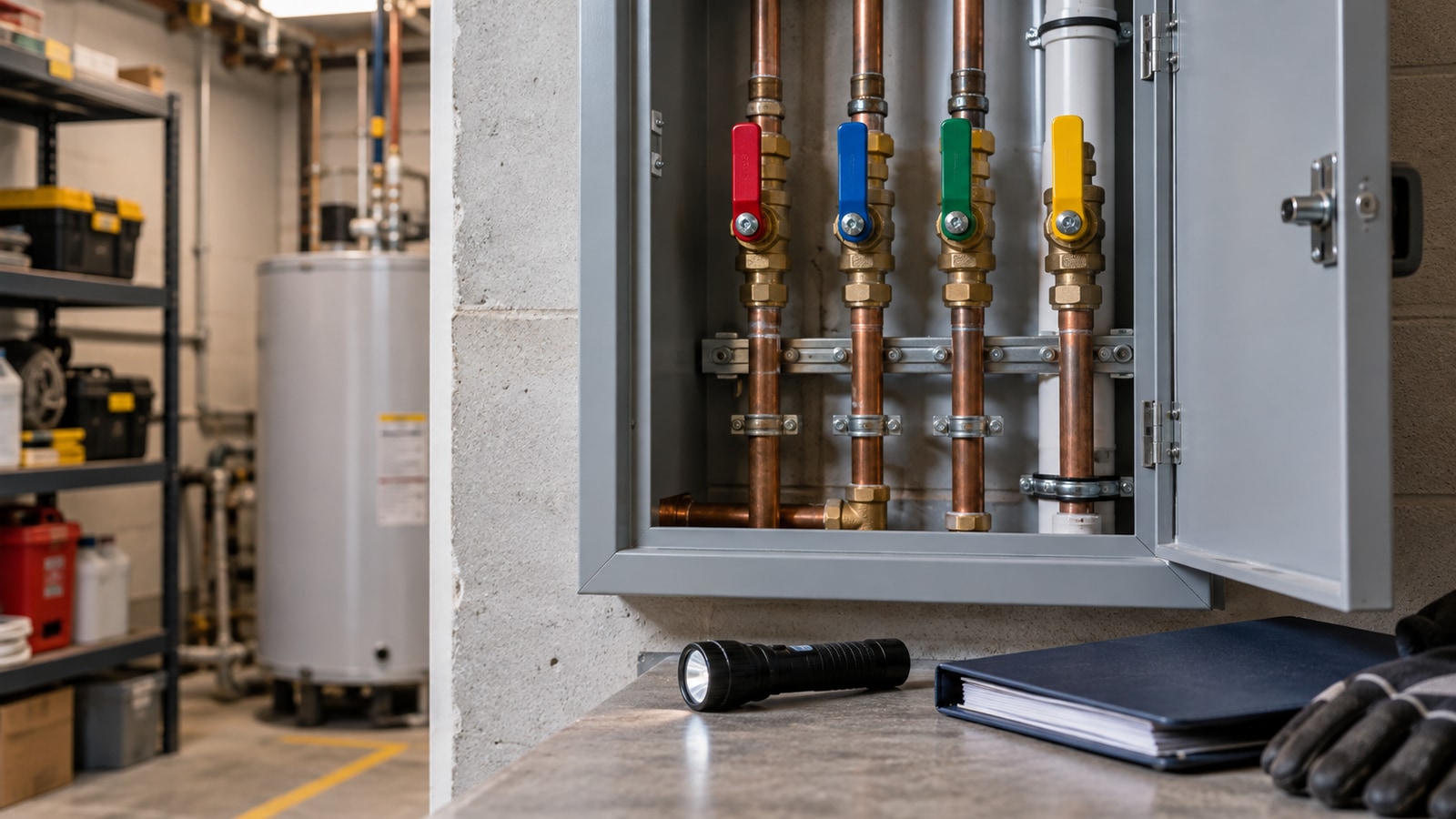 Accessible water shutoff valves, a flashlight and a reference folder inside a tidy utility cabinet.