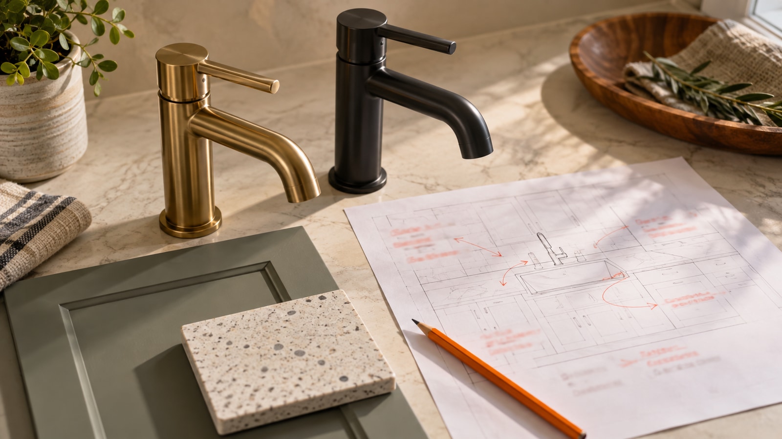 Different faucet finishes and material samples lie beside a project change document and pencil.