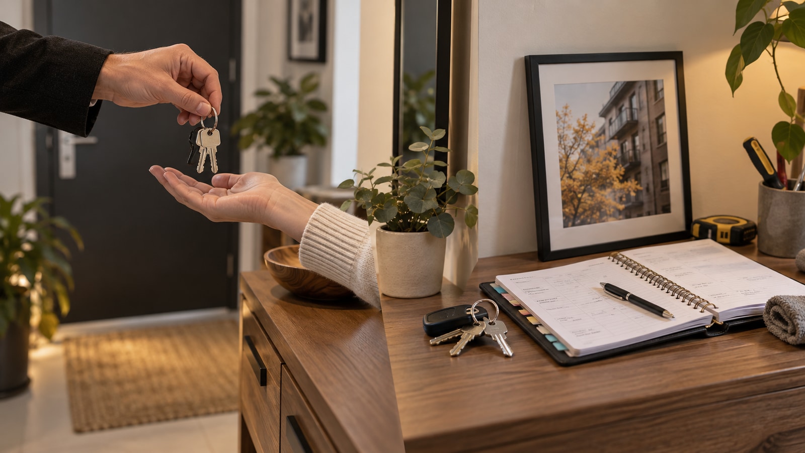 Keys and a handover folder sit beside an operating planner in a rental-property workspace.
