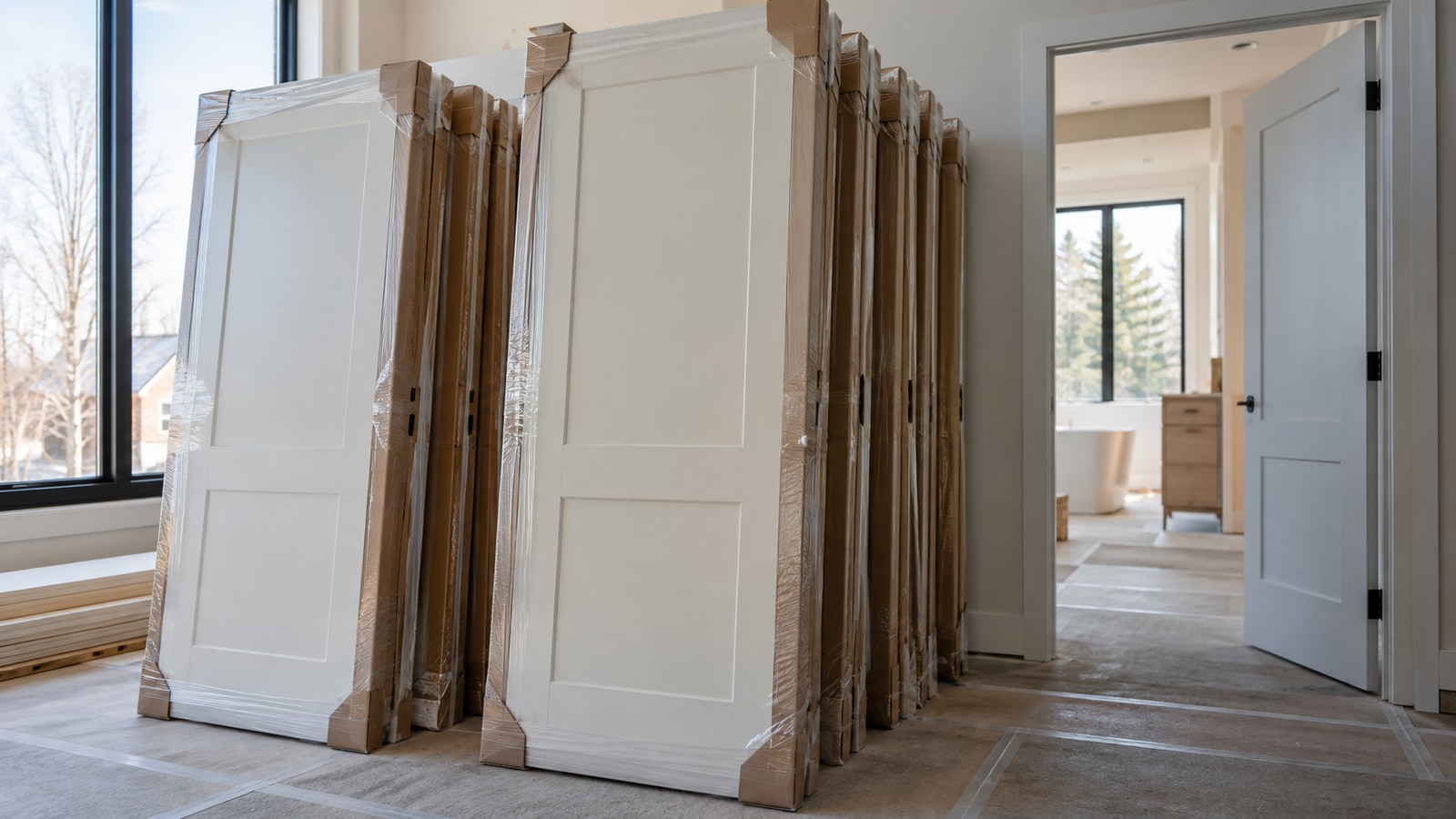 Wrapped doors are neatly staged beside a prepared doorway awaiting installation.