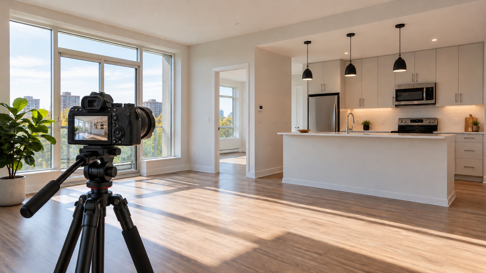 A camera on a tripod is positioned to photograph a bright vacant apartment.