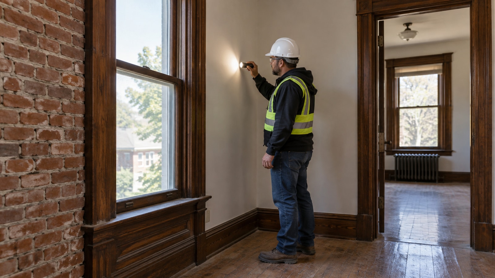 A professional examines an existing wall and original trim in an older interior.