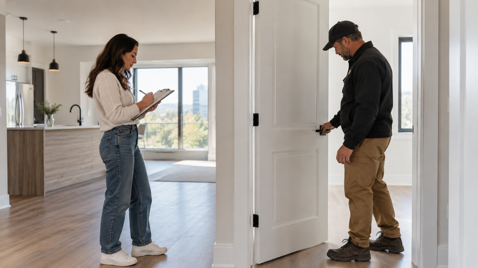 Two people document a final walkthrough and check a door in a completed interior.