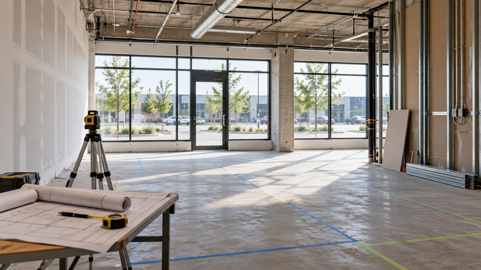 An empty commercial interior with a taped floor layout and measuring equipment.