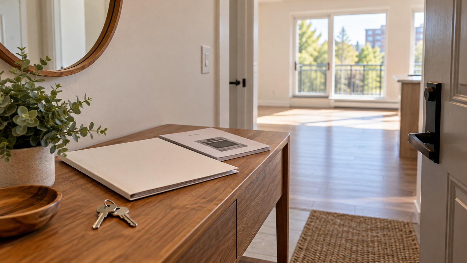 Bright empty rental entrance with a tidy handover folder and a small set of keys.