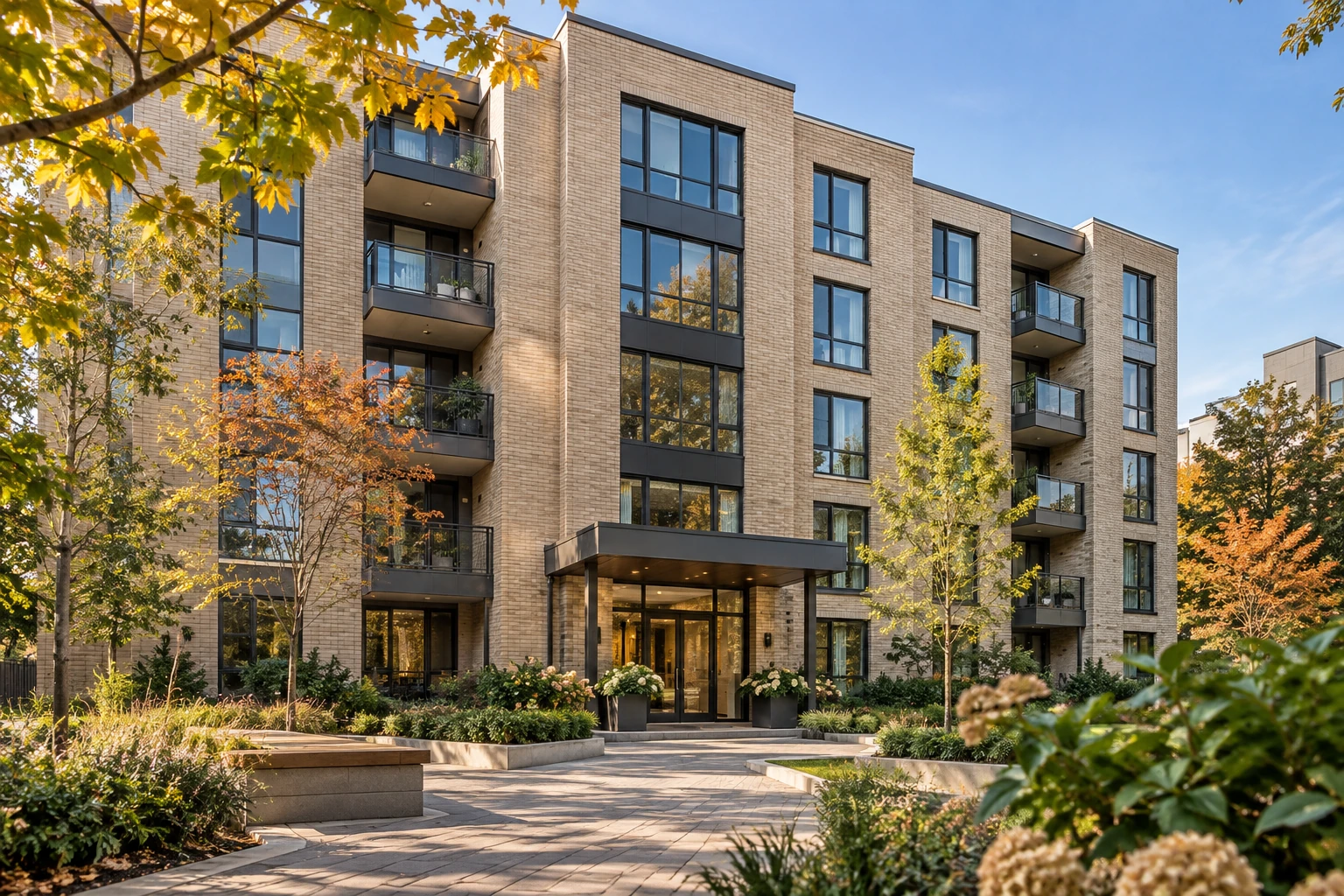 Illustrative brick apartment building with a landscaped courtyard in warm autumn light