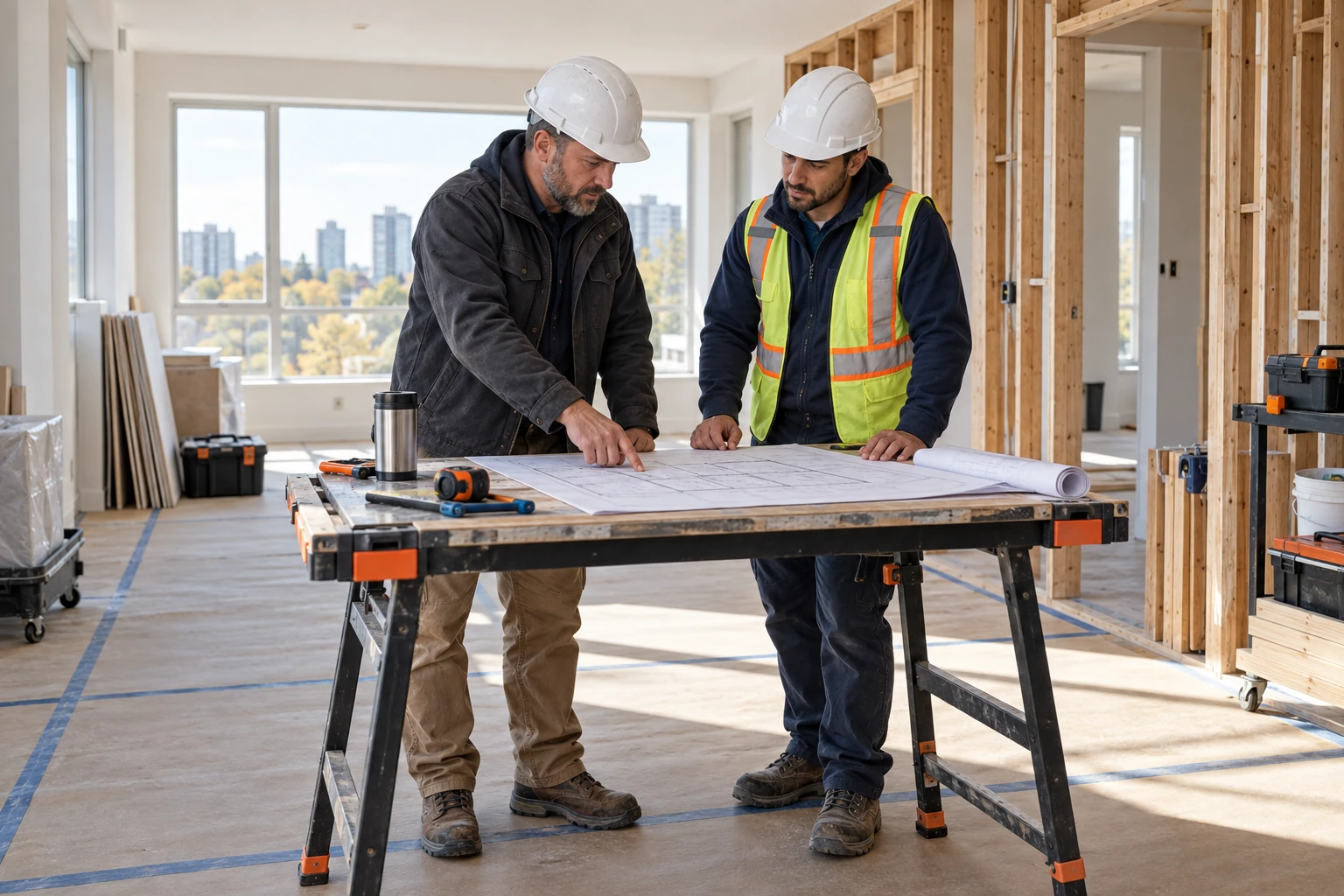 Illustrative construction professionals reviewing plans in an organized apartment renovation