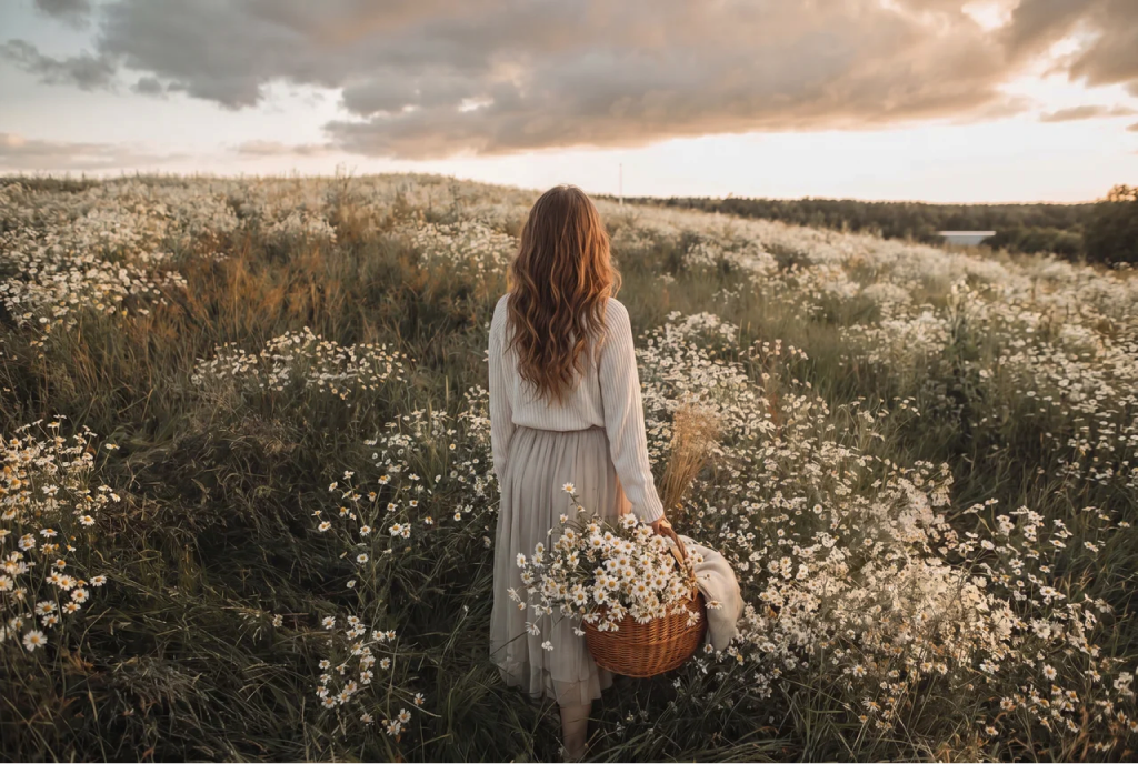 Woman walking through a field of daisies at dusk