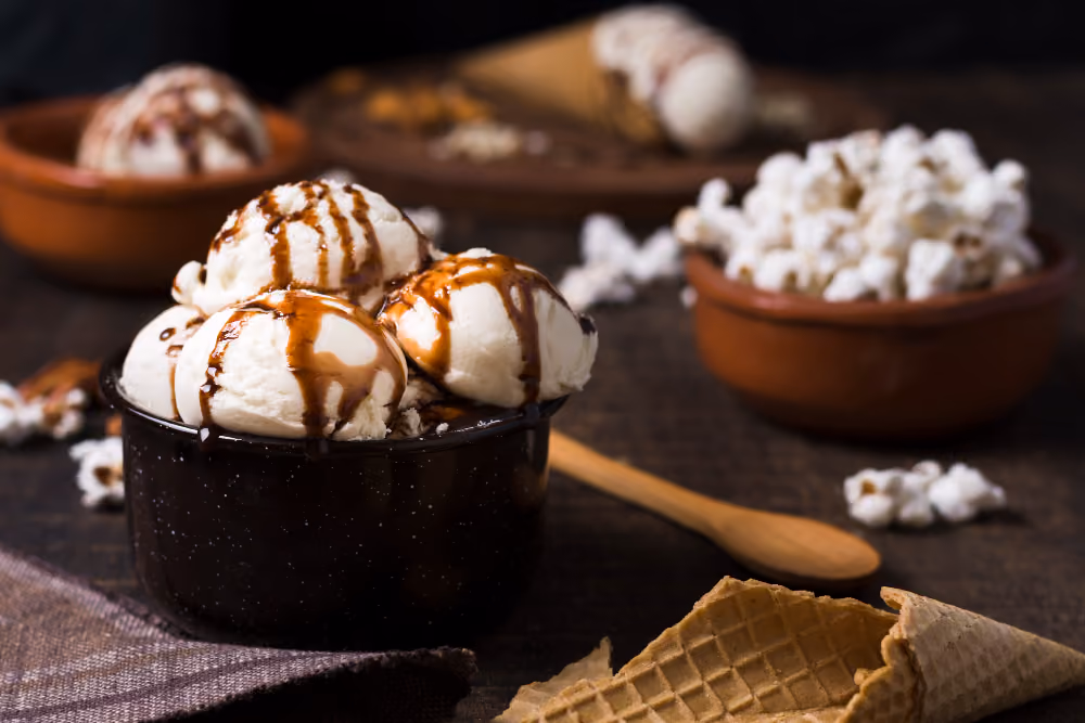Scoops of vanilla ice cream with chocolate syrup in a black bowl on a table with waffle cones and popcorn.