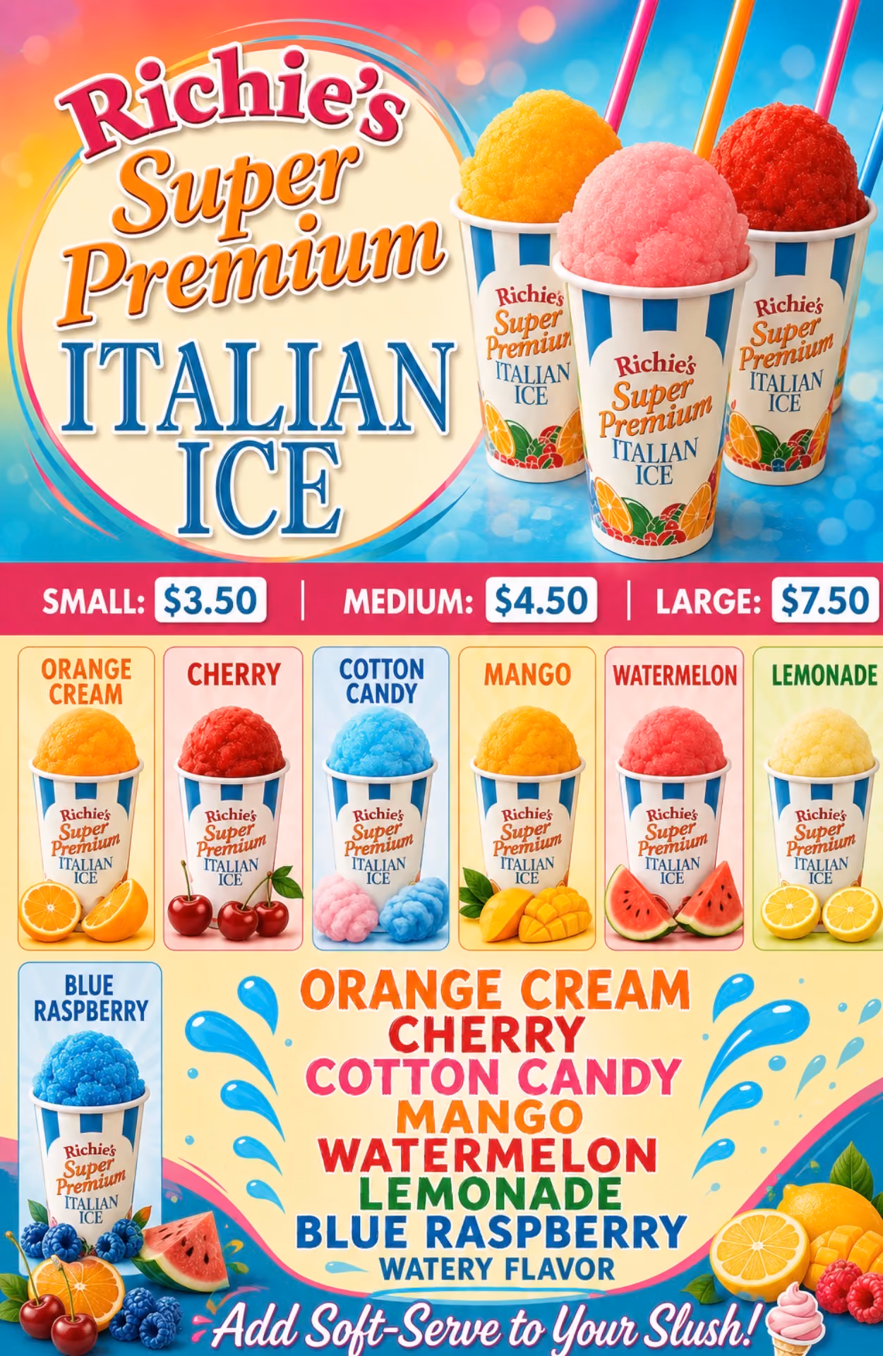 Richie's Super Premium Italian Ice in seven flavors with price options for small, medium, and large sizes.