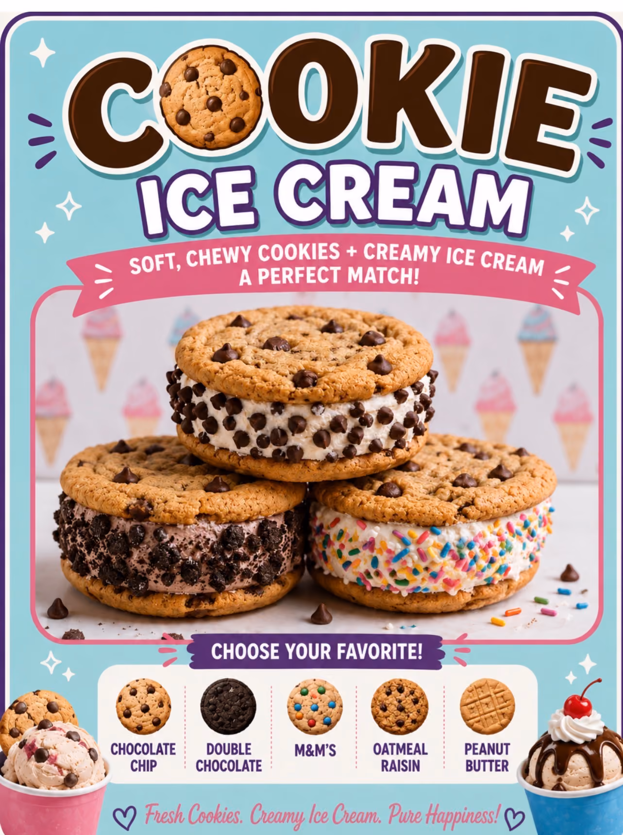 Three cookie ice cream sandwiches with chocolate chip, cookies and cream, and sprinkle edges.