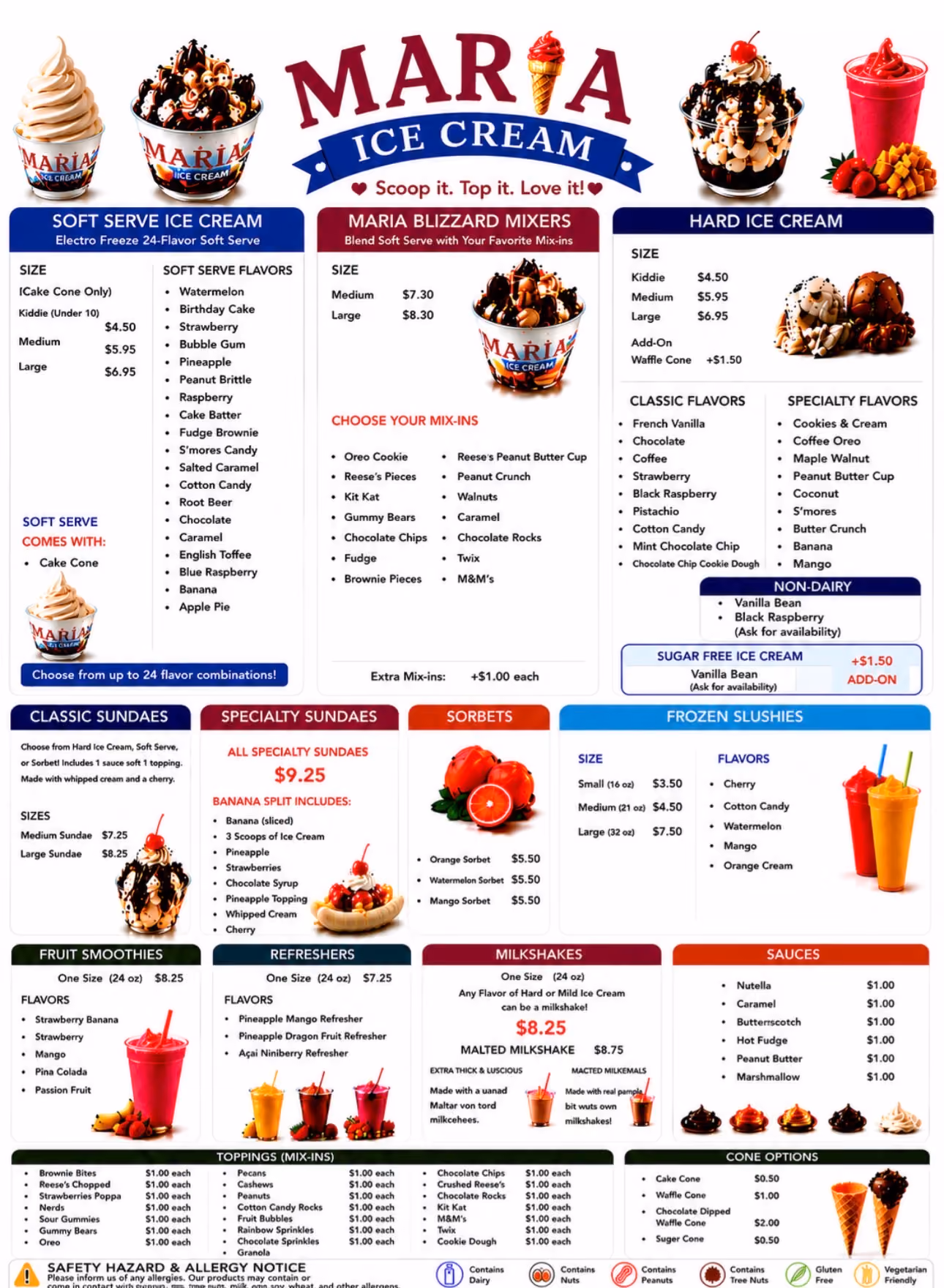 Maria Ice Cream Menu