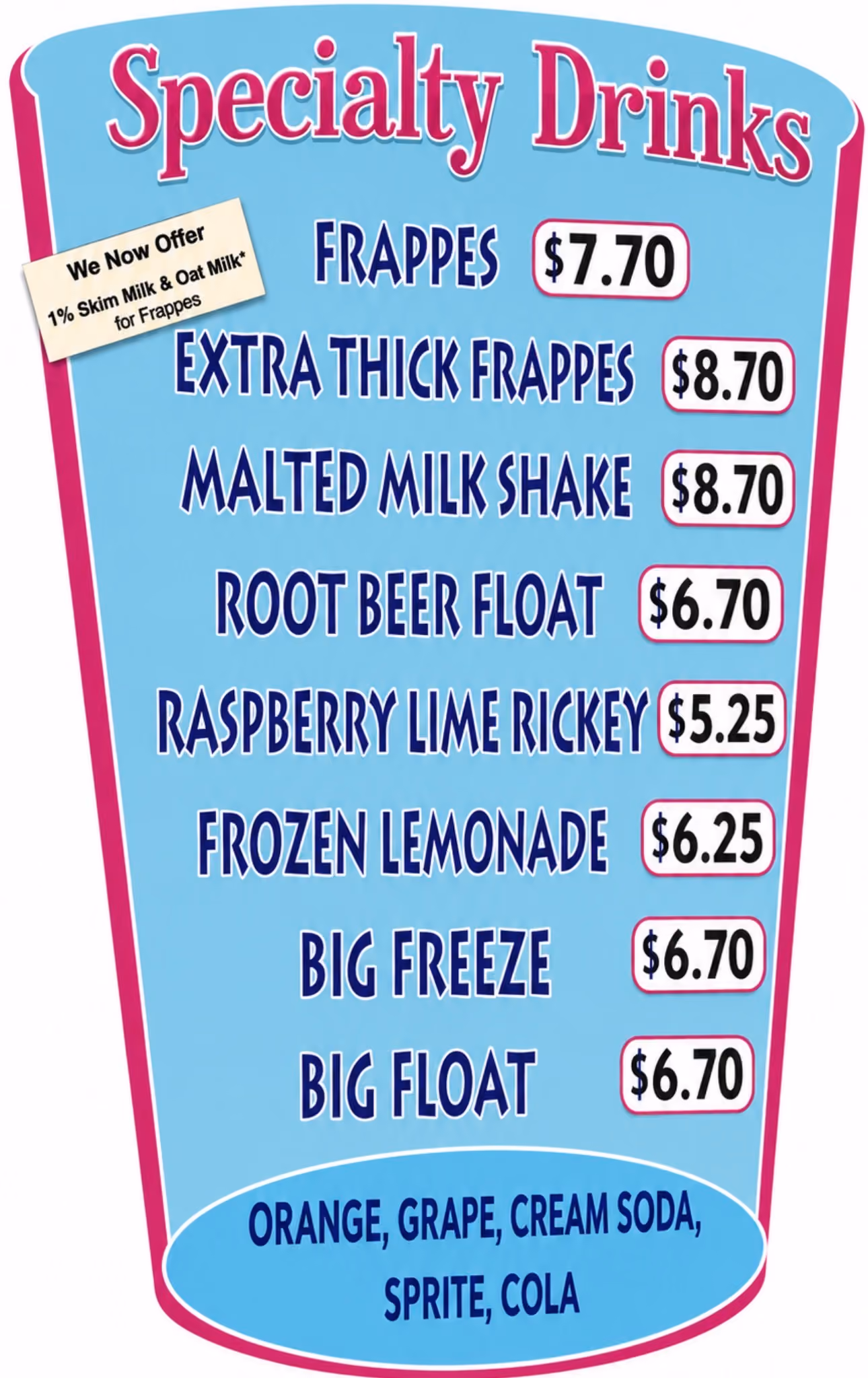 Blue specialty drinks menu listing frappes, shakes, floats, rickeys, and sodas with prices.