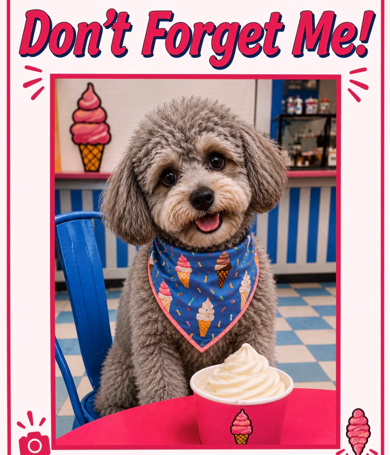 Fluffy gray dog wearing an ice cream cone bandana sitting at a table with soft serve ice cream.