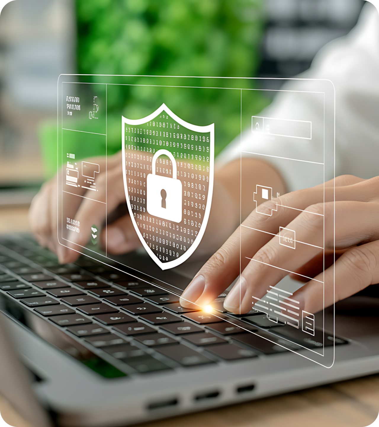 Hands typing on a laptop with a security shield overlay