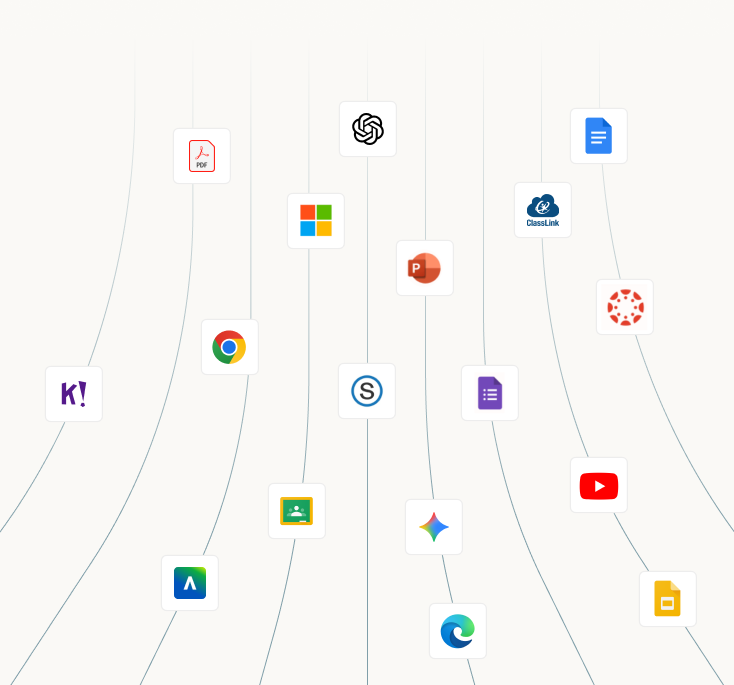 Grid of various popular software and app logos including ChatGPT, Microsoft, Chrome, YouTube, and Google Docs.