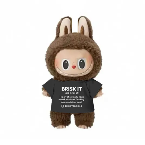 Brisk stuffed animal wearing a black Brisk It T-shirt