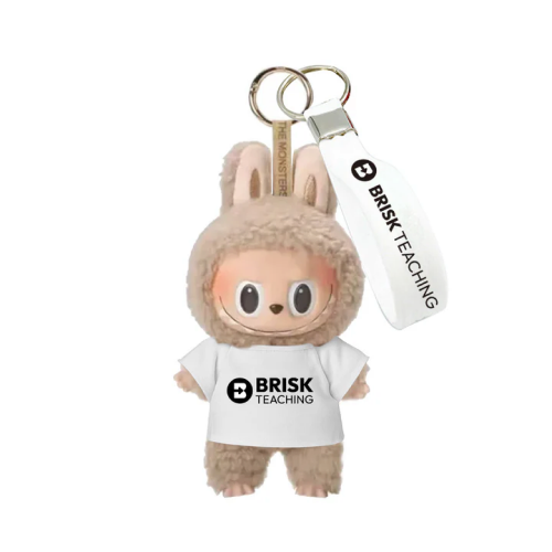 Brisk stuffed animal keychain wearing a white Brisk Teaching T-shirt