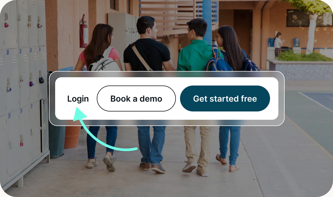 Students in a school hallway with the Brisk sign-in buttons overlaid