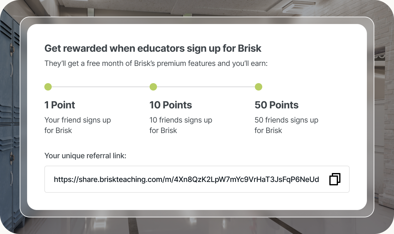 Brisk rewards screen showing the point tiers and a copyable referral link