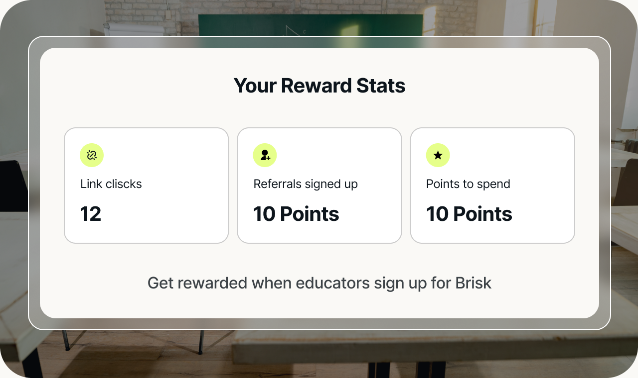 Reward Stats panel showing link clicks, referrals and points to spend