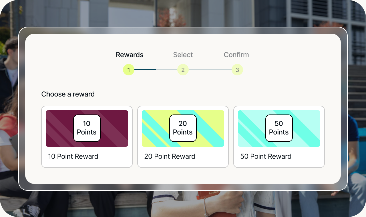 Choose a reward screen showing 10, 20 and 50 point reward options