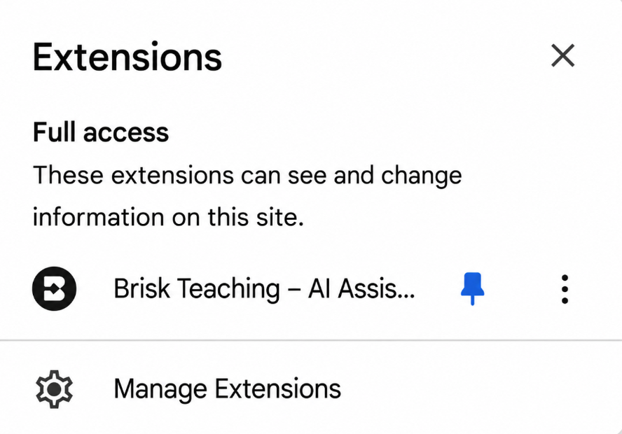 Chrome extensions panel showing the Brisk Teaching AI assistant