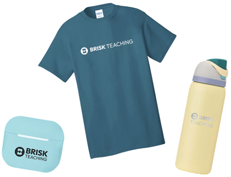 Blue Brisk Teaching t-shirt, blue airpods case, and yellow water bottle with logos.