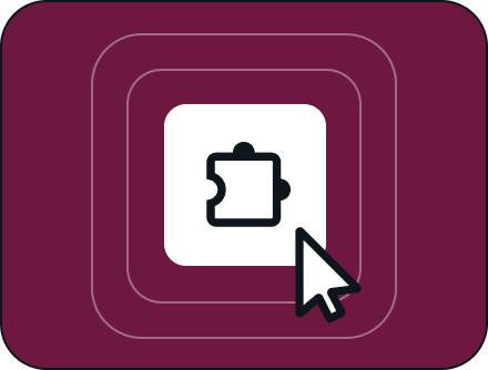 Cursor pointing at a black puzzle piece icon inside a white rounded square on a purple background.