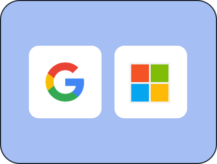 Buttons showing Google and Microsoft logos on a blue rounded background