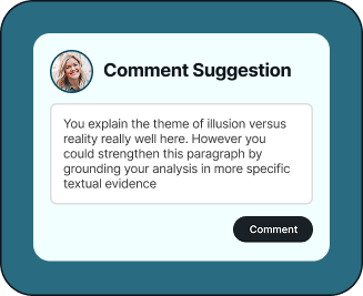 Digital comment box titled 'Comment Suggestion' with feedback about strengthening paragraph with specific textual evidence.