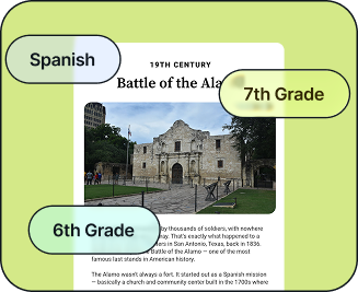Screenshot of a 19th-century history text about the Battle of the Alamo with grades Spanish, 6th Grade, 7th Grade.