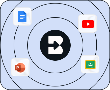 Central black and white logo surrounded by Google Docs, YouTube, PowerPoint, and Google Classroom icons.