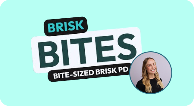 Text reading 'BRISK BITES BITE-SIZED BRISK PD' with a photo of a smiling woman with long blonde hair.